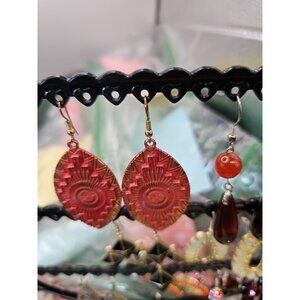 Bright Red Enamel Earrings Festive Gold Tone 2 Inches Long Pierced